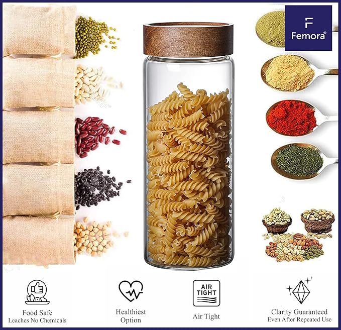 Femora Kitchen Storage Jars Borosilicate Glass With Wooden Lid Air Tight Jar | 750 Ml | Pack of 2 | Transparent
