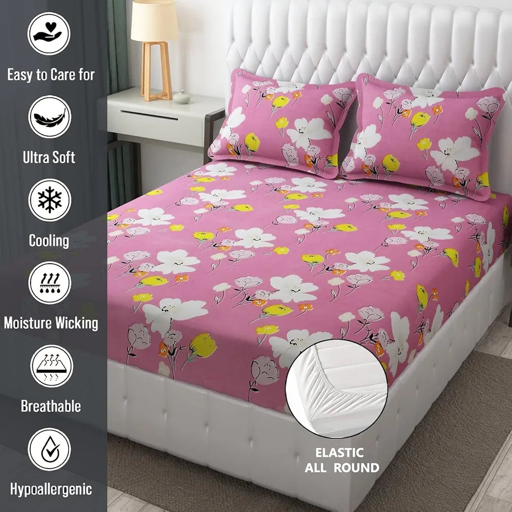 Fresh From Loom Elastic Fitted Floral Bed Sheets Bed Covers Soft Glace Cotton Fitted Bedsheet King Size Bed With Two Pillow Cover,144 TC Punch Pink