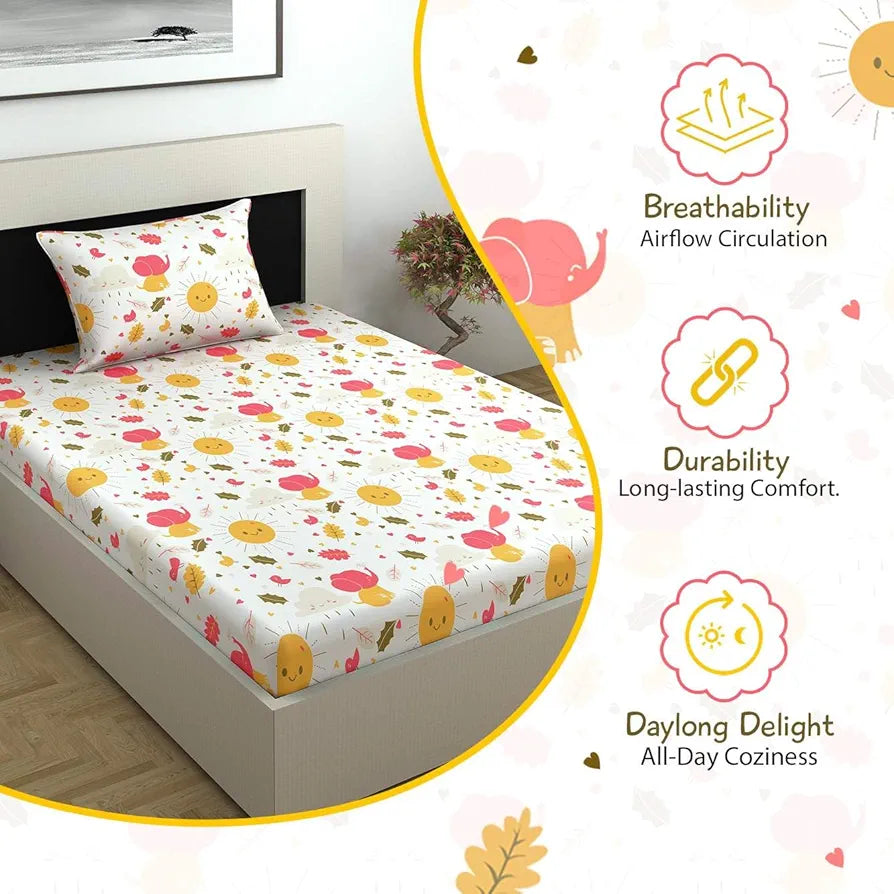 Divine Casa 144 TC 100% Cotton Single Bedsheet with 1 Pillow CoverAbstract Pattern Colour Marlin White