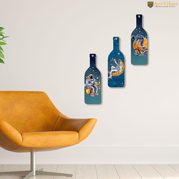 Artvibes Astronaut in Space Wooden Wall Hanging for Home Decor | Set of 3