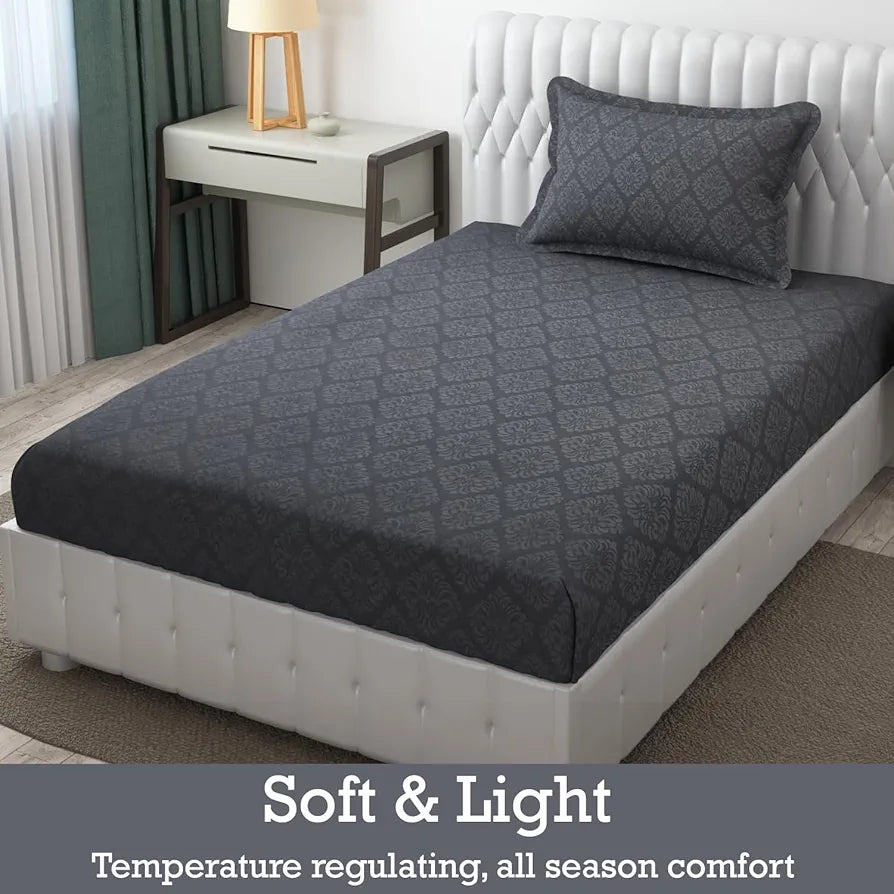 Fresh From Loom Microfiber Single Size Bedsheet Hypoallergenic Wrinkle Free Rotary Printed Bed Sheets with 1 Pillow Covers 144 TC Grey Damas