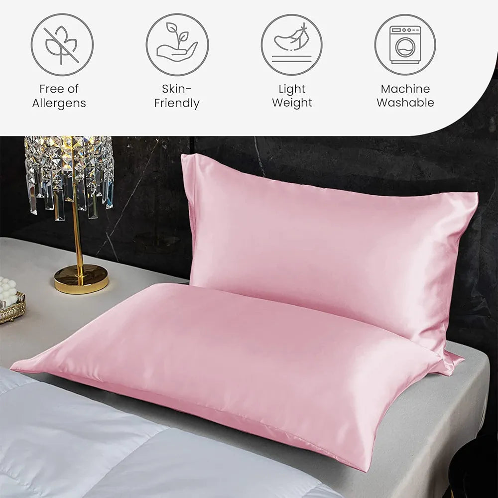 Cloth Fusion Satin Pillow Cover Set of 2 Pillow Case with 3 Satin Soft Scrunchies Baby Pink