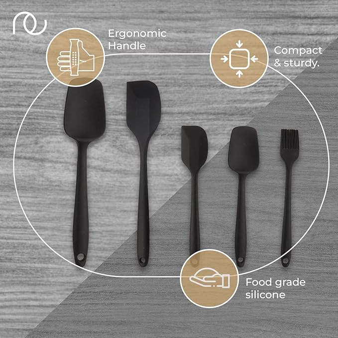 Frenchware Set of 5 Spatulas, Black | Non-stick Premium Silicone Spatula for Cooking, Baking & Mixing, Seamless Design