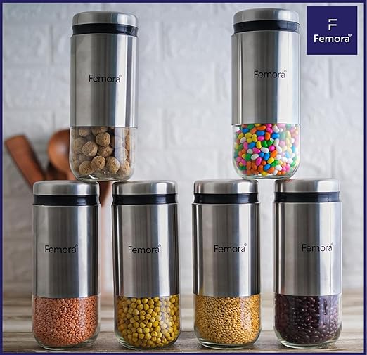 Femora Kitchen Storage Jars Steel Body With See Through Bottom Jar | 350 Ml | Pack of 6