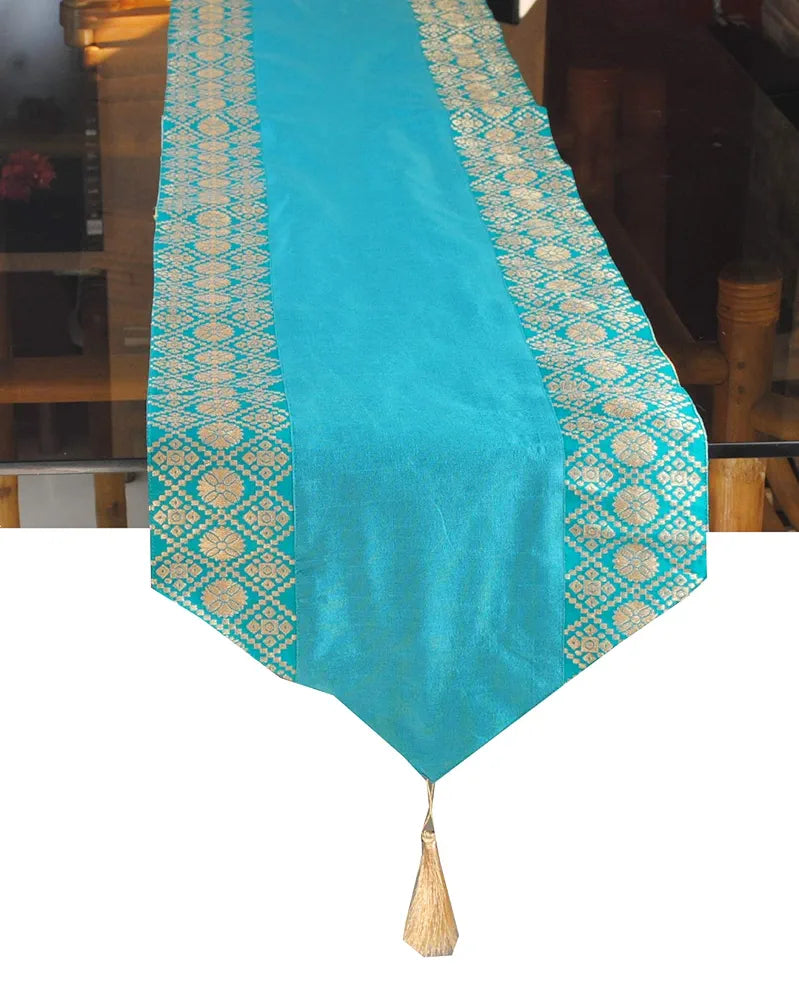 Pink Parrot-designer Durable Dopian Silk Table Runner Colour Pink With Turquoise Accents
