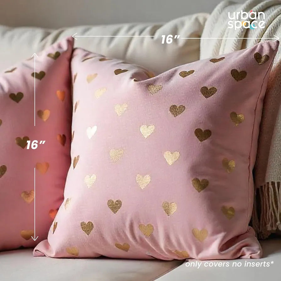 Urban Space Decorative Velvet Gold Foil Heart Cushion Cover Set of 2 Cushion Covers for Sofa, Bedroom, Living Room Heart of Gold Pink