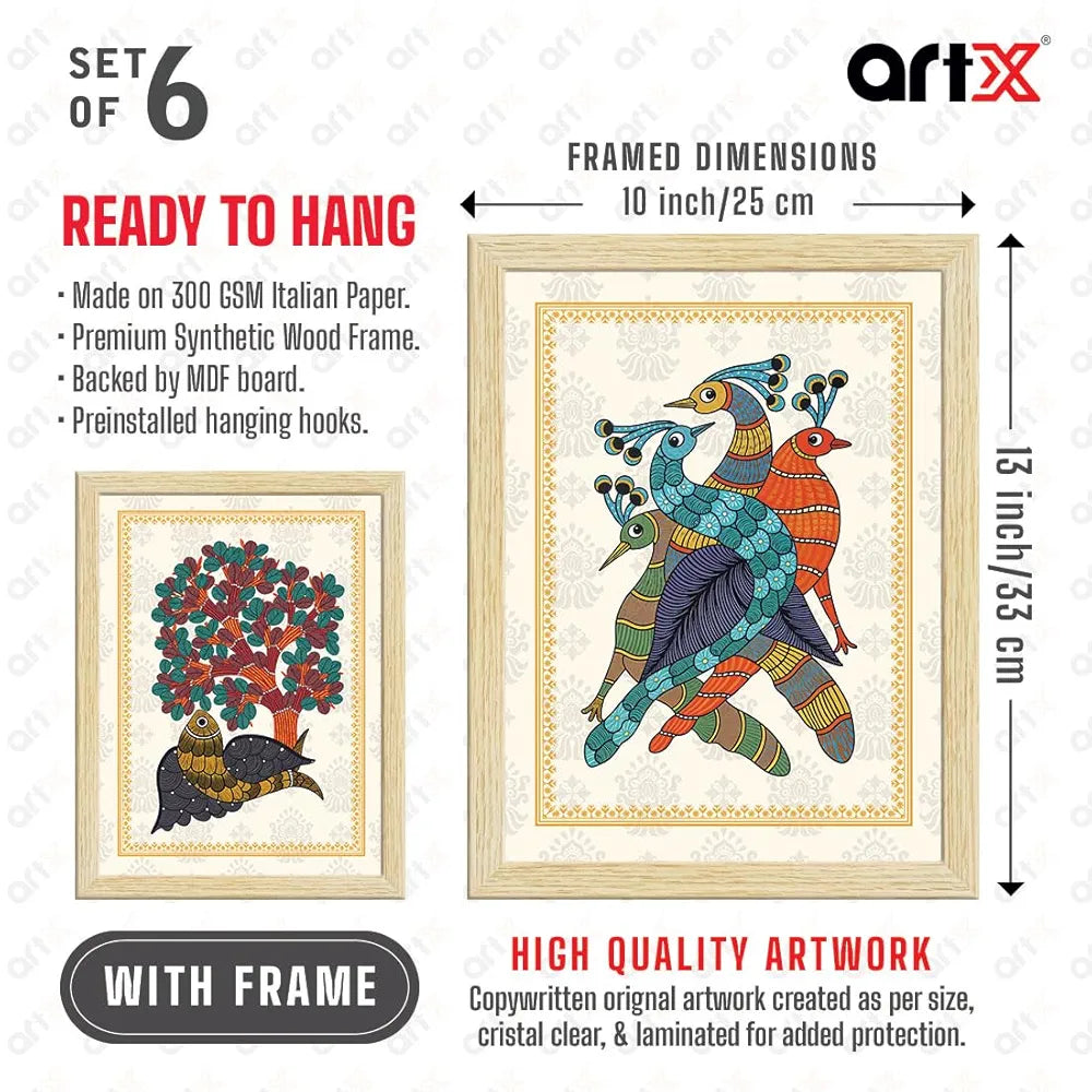 ArtX Paper Indian Gond Art Paintings with Frame Gond-SO6-02 Set of 6