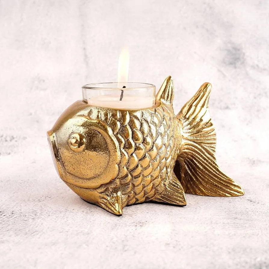 BEHOMA Aluminium Fish Figurine for Good Luck and Success | Candle Holder for Home Dcor Tabletop Living Room | Showpiece for Valentine's Day, Birthday , Gold