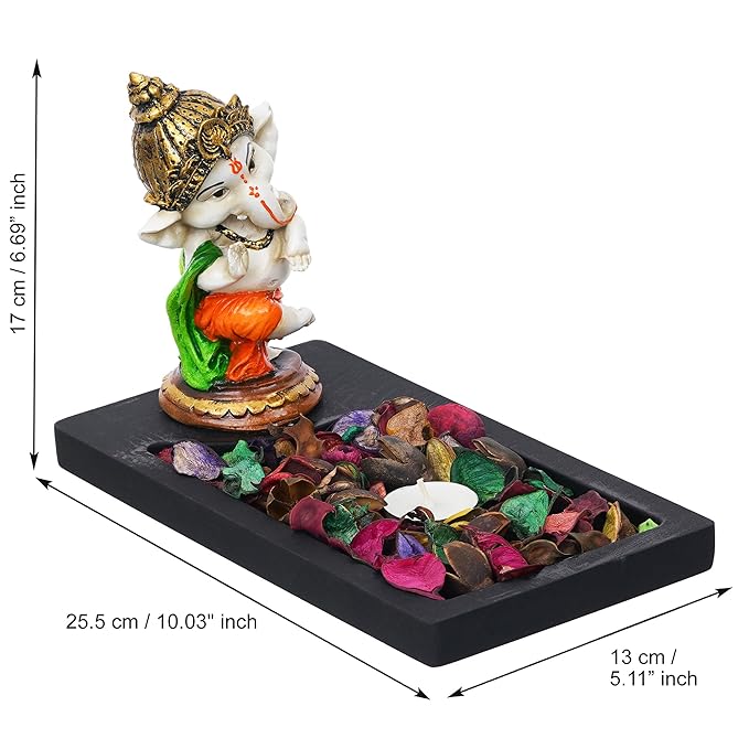 Ecraftindia Polyresin Baal Ganesh Dancing Showpiece With Rectangle Wooden Base Plate | Fragranced Petals & Tealight