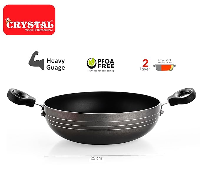 Crystal Classic Series Non-Stick Kadai with Steel Lid| 250 mm - 894 gms