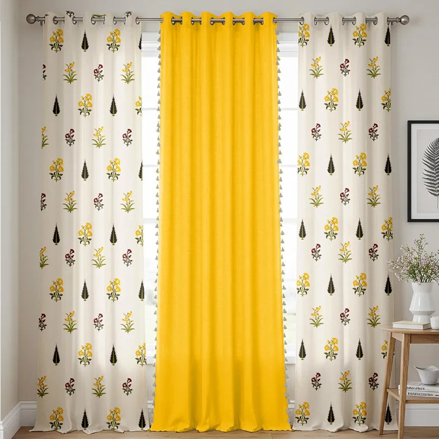 Urban Space Floral Cotton Curtains For Door, Set Of 3 Curtains For Home Decor Mosaic Yellow and Blue & Aura Indigo