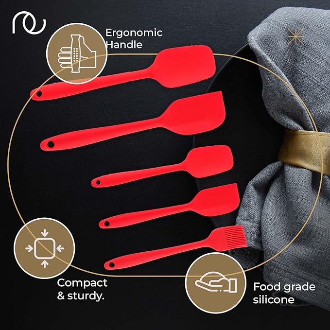 Frenchware Set of 5 Spatulas, Red | Non-stick Premium Silicone Spatula for Cooking, Baking & Mixing, Seamless Design