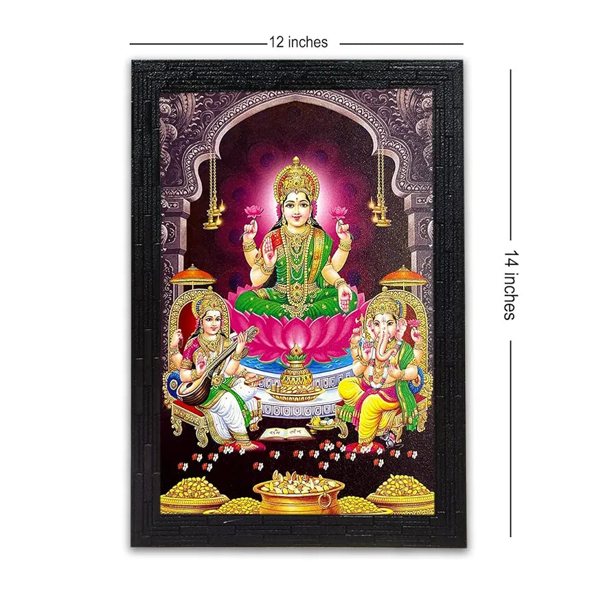 Lifehaxtore Lakshmi With Ganesha and Saraswati Photo Painting with Wooden Frame Black for Temple -Model 1