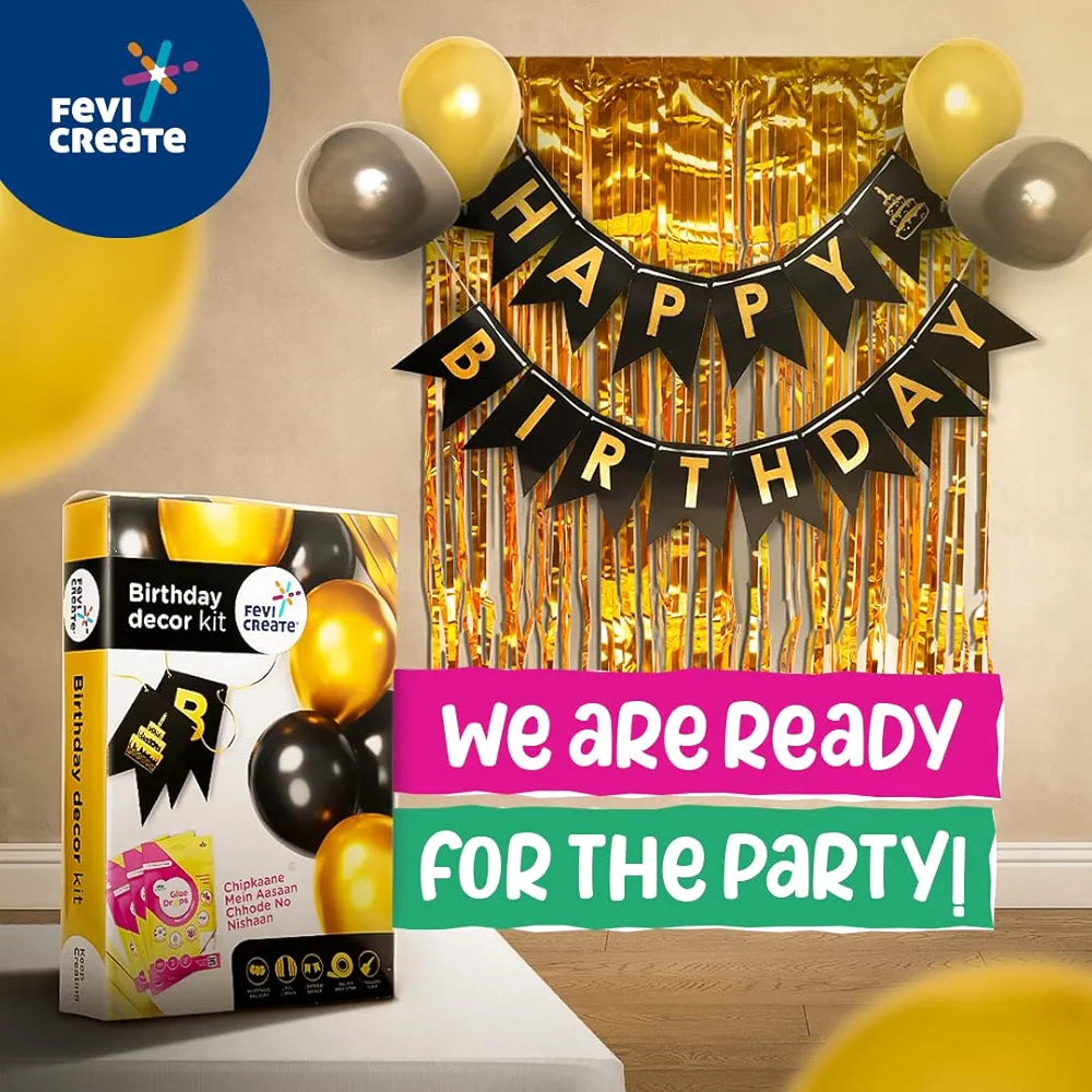 Fevicreate Unforgettable Celebrations with the Fevicreate Birthday Decor Kit - Metallic Balloons, Blowing Pump, Balloon Arch, Birthday Banner, Fevicol Glue Drops - Effortless Elegance!