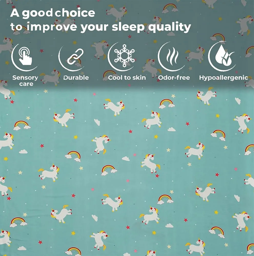 Fresh From Loom Elastic Printed Fitted Single Bed Bedsheet For Kids With One Pillow Cover Unicorn Small Single Blue 300 TC Teal