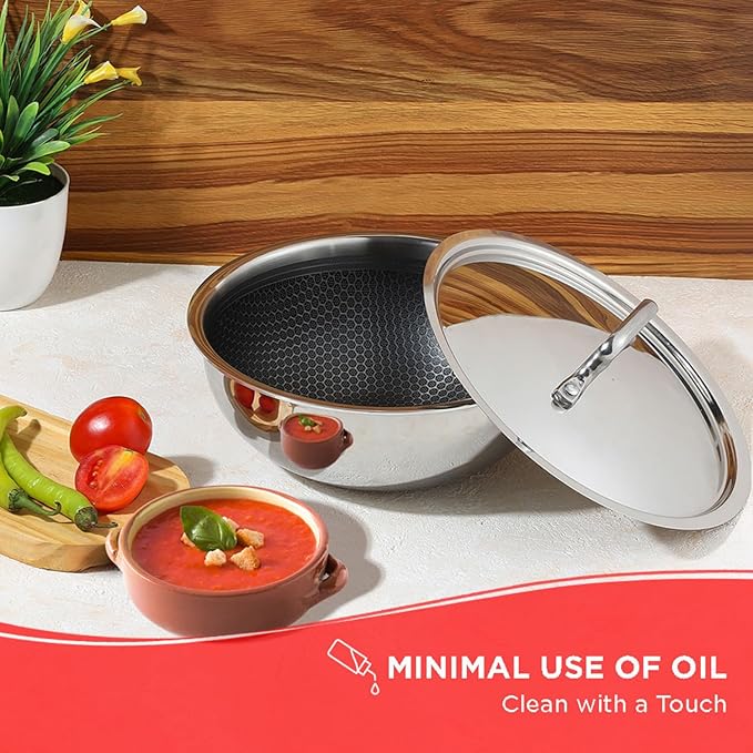Vinod SAS Pro Platinum Triply Stainless Steel Extra Deep Tasla with Lid - 1.8 Litre | Tri ply Tasla Kadai with Induction Base