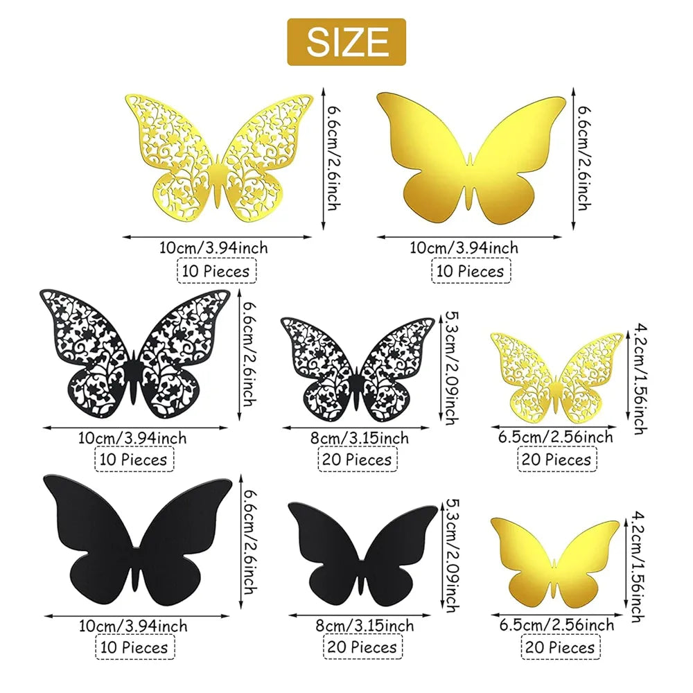 Xtore 120 Pcs Stunning 3D Black and Golden Butterfly Wall Decor Self-Adhesive