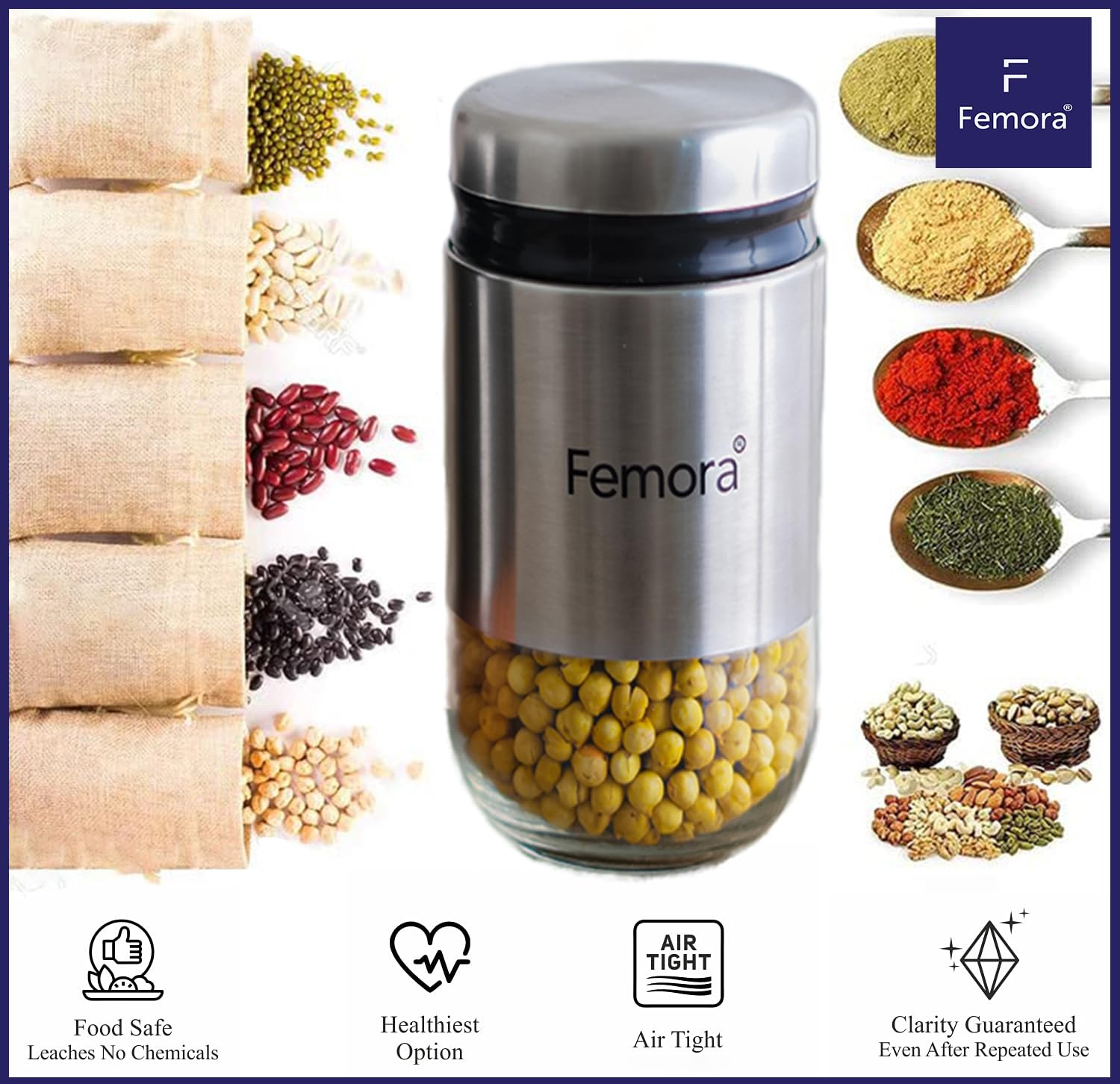 Femora Kitchen Storage Jars Steel Body With See Through Bottom Jar | 900 Ml | Set of 2