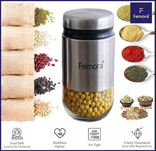 Femora Kitchen Storage Jars Steel Body With See Through Bottom Jar | 350 Ml | Pack of 6