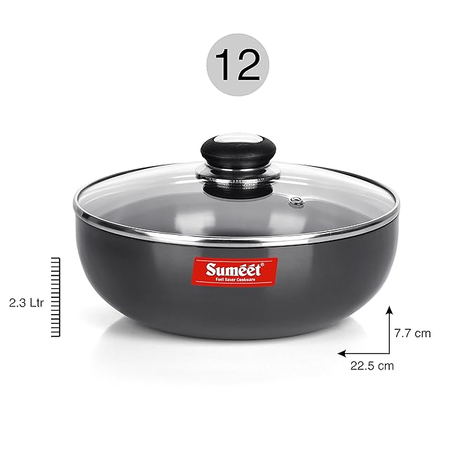 Sumeet 3mm Hard Anodized Deep Tasla with Glass Lid Size No - 12 (22.5cm Dia 2.3 Liters)