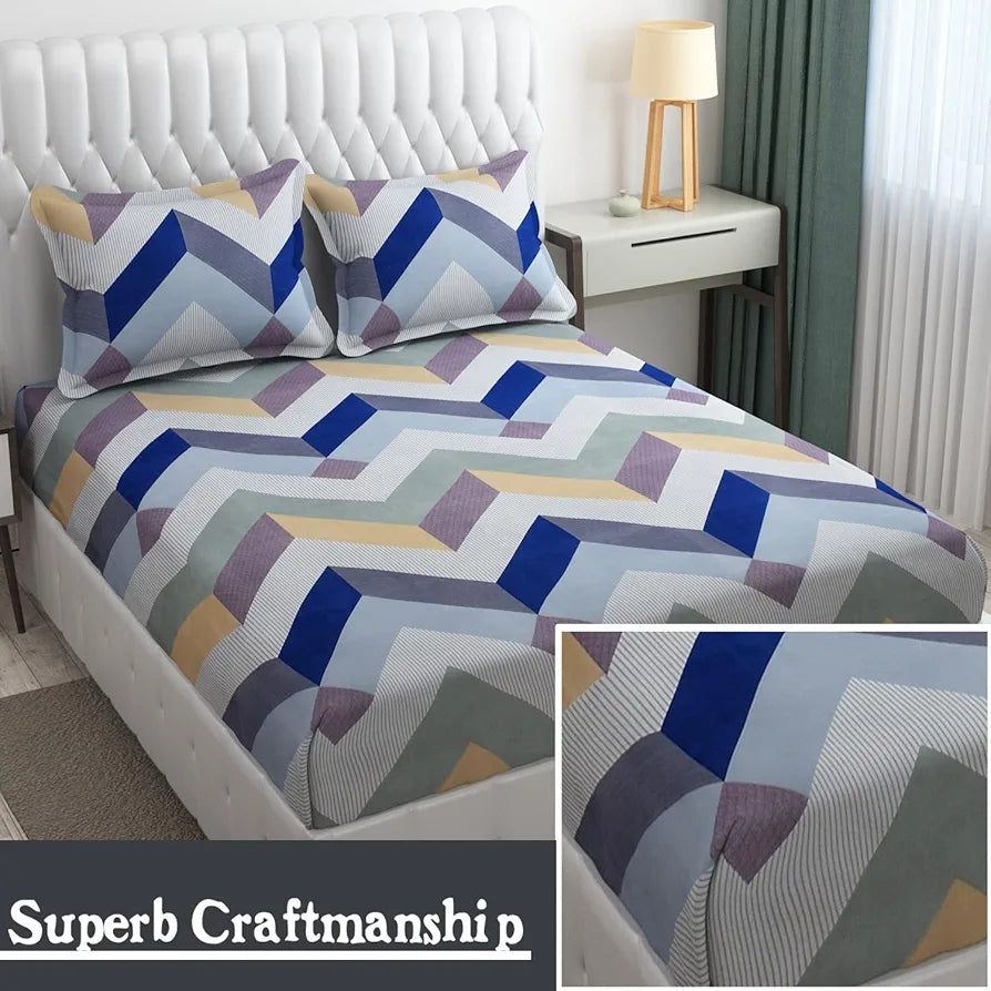 Fresh From Loom Microfiber King Size Bedsheet for Double Bed Floral Design Bed Spread with 2 Pillow Covers 144 TC Blue Grey