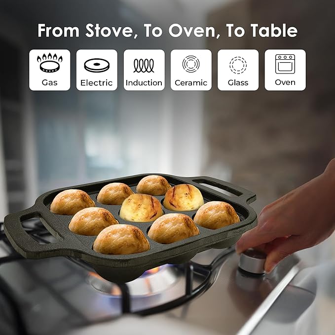 Solara Pre Seasoned Cast Iron Paniyaram Pan 9 Cavities 20 Cm Appam Patra, Paniyarakkal Pan | Cast Iron Cookware