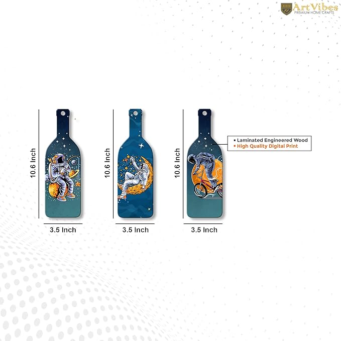 Artvibes Astronaut in Space Wooden Wall Hanging for Home Decor | Set of 3