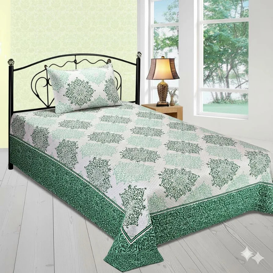 Fresh From Loom Reversible Cotton Single Bed Bedsheet 300 TC Bed Sheets with 1 Pillow Covers Green