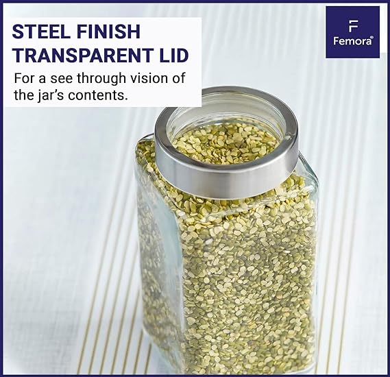 Femora Kitchen Storage Jars Transperent Glass With Steel Lid Air Tight Jar | 2000 Ml | Pack of 4