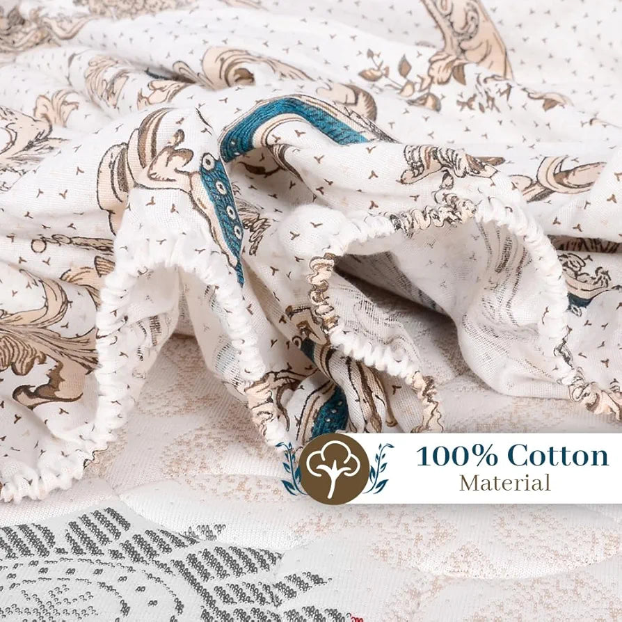 Divine Casa White and Grey Floral Pattern 144 TC 100% Cotton Elastic Fitted Printed Queen Size Double Bed Bedsheet with 2 Pillow Cover Colour Tiger's Eye