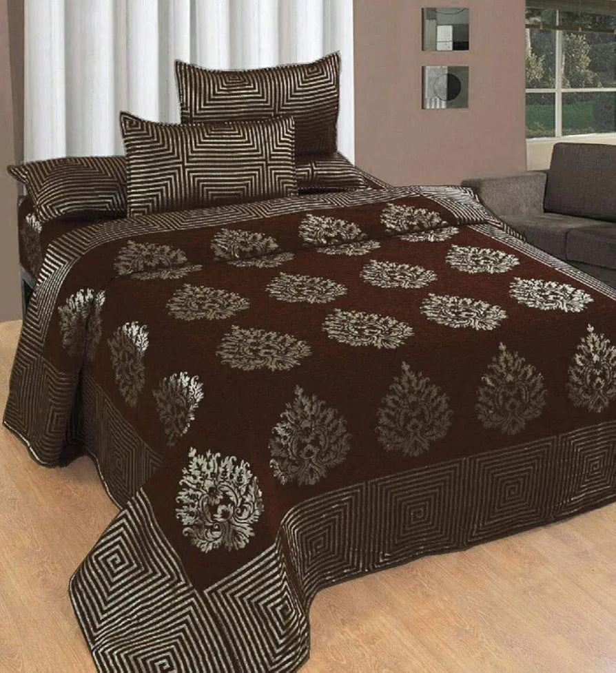 Fresh From Loom Chenille Velvet 500 TC Double Bed King Size Bedsheet with 2 Pillow Cover Jhumka Coffee