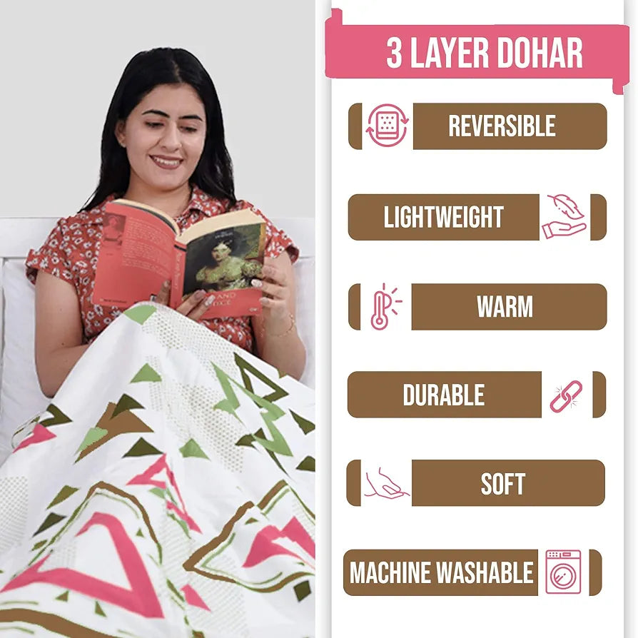 Divine Casa Glace Cotton 120 GSM Reversible Lightweight Printed Single Bed AC Dohar Blanket Quilt Colour Orange and Pink