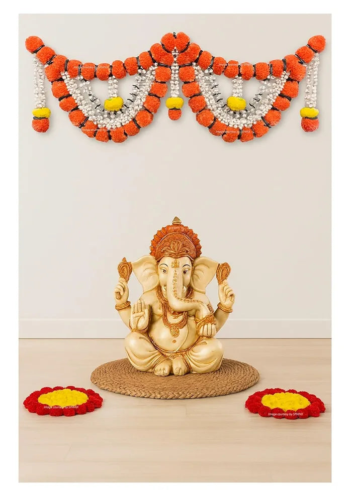 Artificial Marigold Fluffy Flowers Garlands Door Toran Set/Door Hangings Dark Orange with Jasmine and leaves