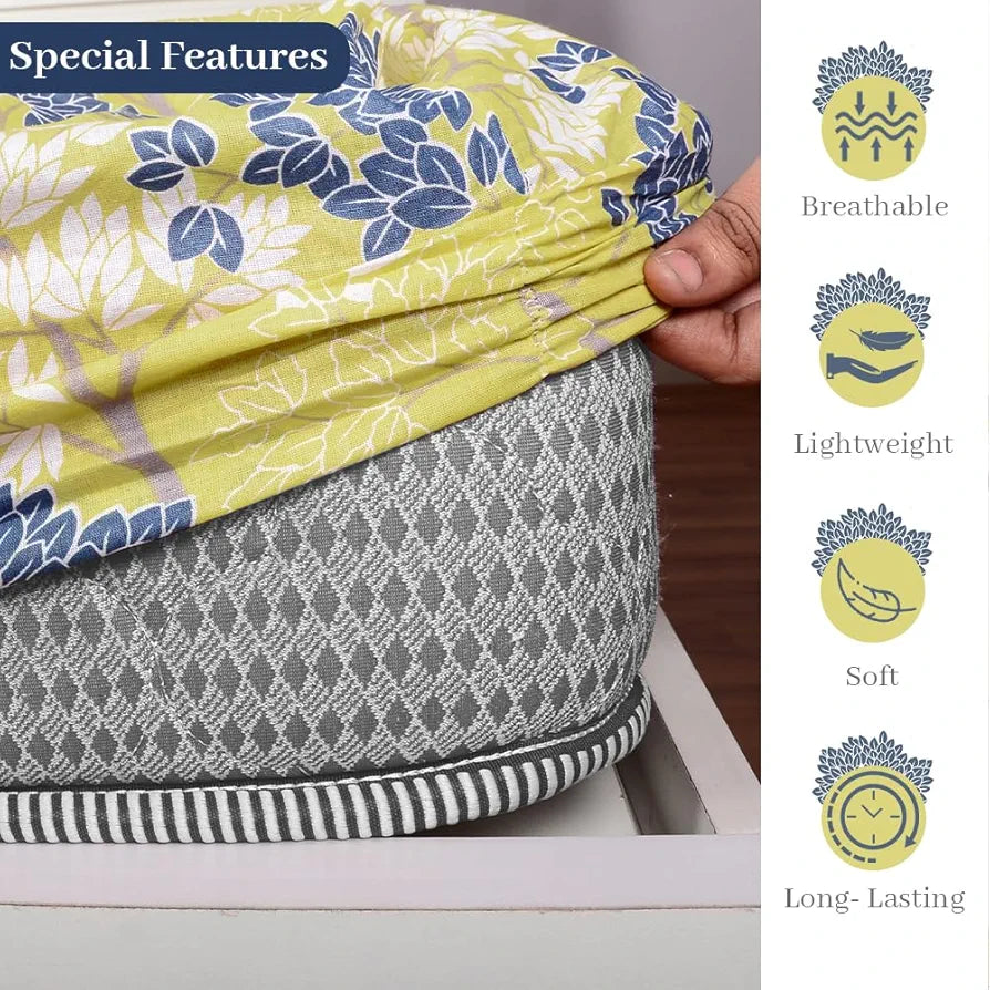 Divine Casa 144 TC Floral Green 100% Cotton Elastic Fitted Bedsheets King Size with 2 Pillow Covers Colour Muted Lime