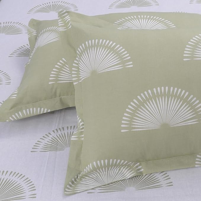 Huesland by Ahmedabad Cotton 144 TC Cotton Bedsheet for Double Bed King Size with 2 Pillow Covers | Sunrise | White and Basil Green