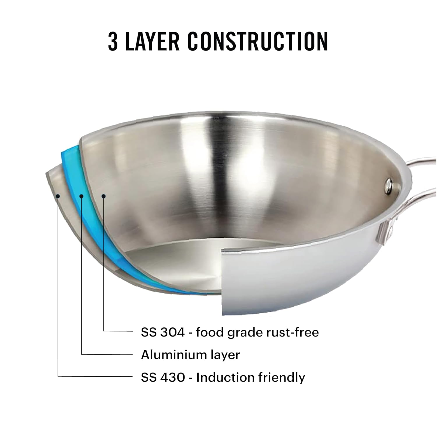 Cello Tri-ply 20 Cm Stainless Steel Cookware Kadhai With Lid