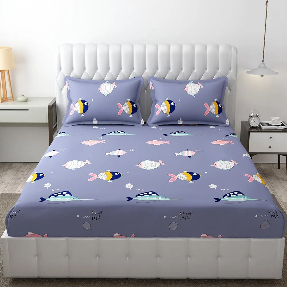 Fresh From Loom Elastic Fitted Cartoon Printed Bedsheets for Kids with 2 Pillow Fish Blue Double Bed 300 TC Grizzlies