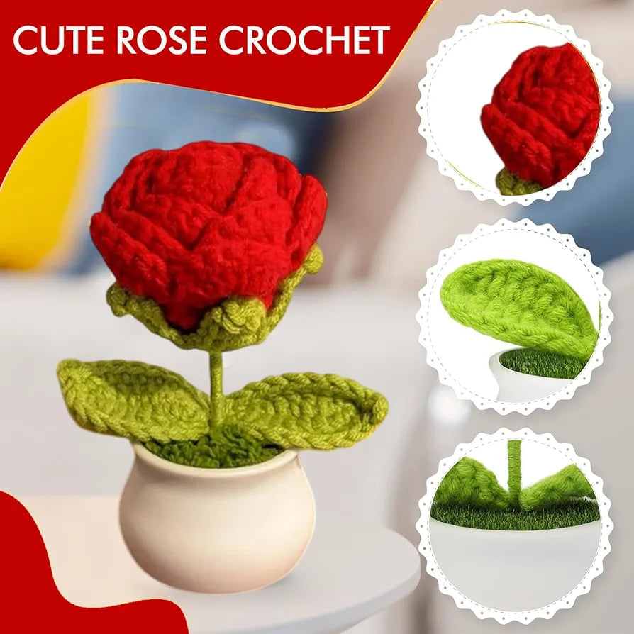 Handmade Crochet Flower Pot Rose and Tulip Artificial Flower Knitted Flower