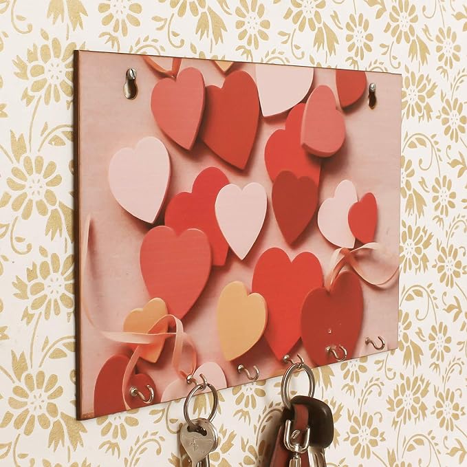 Ecraftindia Heart Theme Wooden Key Holder With 6 Hooks