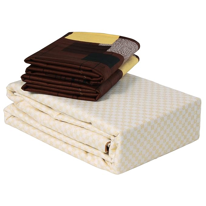 Story@Home Cotton Abstract Print Tevel King Size Bedsheet with 2 Pillow Covers White & Brown Colour