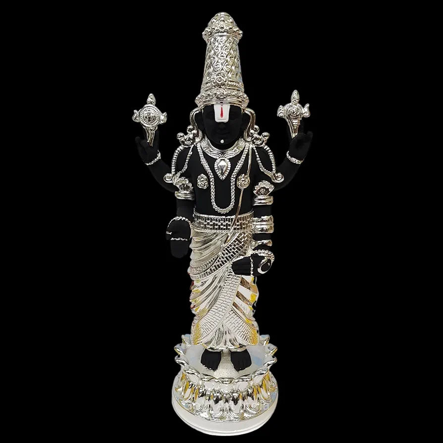 Gold Art India Lord Tirupati Balaji Kamal Silver Plated Black Idol