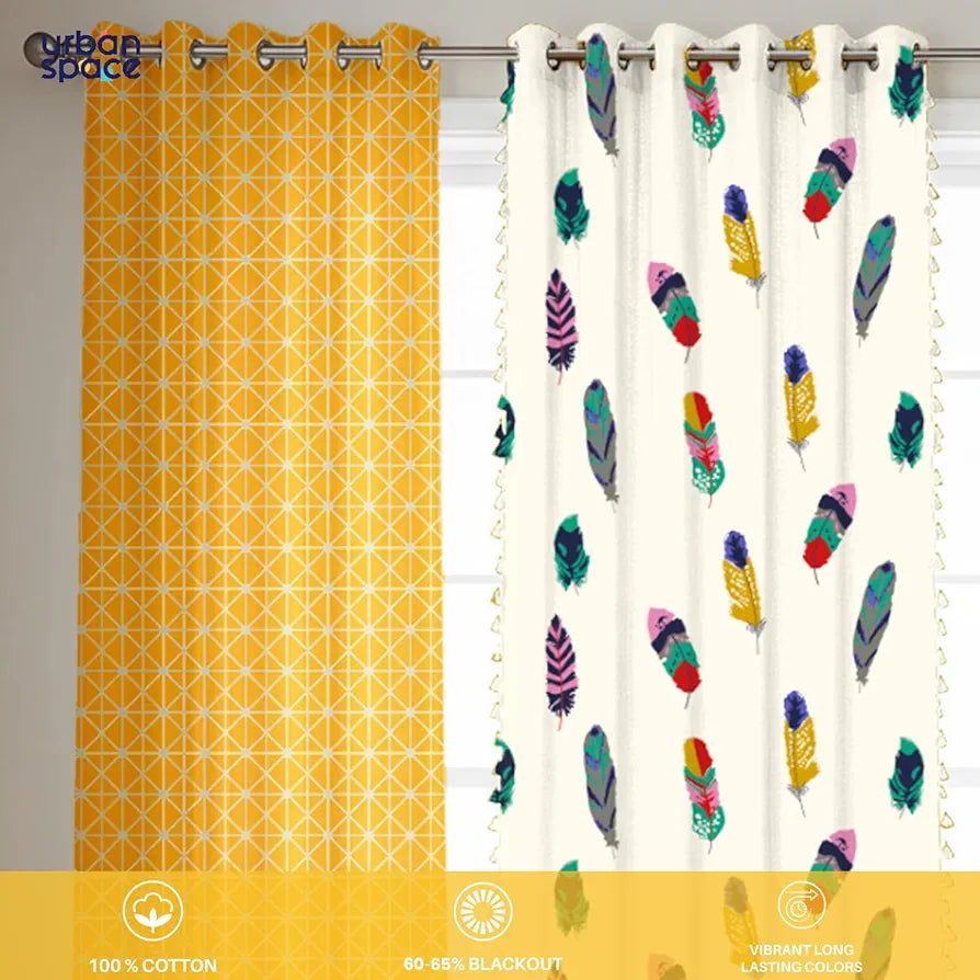 Urban Space Cotton Curtains for Door Combo Set of 3 Tieback & Eyelets Included with Curtains Yellow Star & Dream Catcher