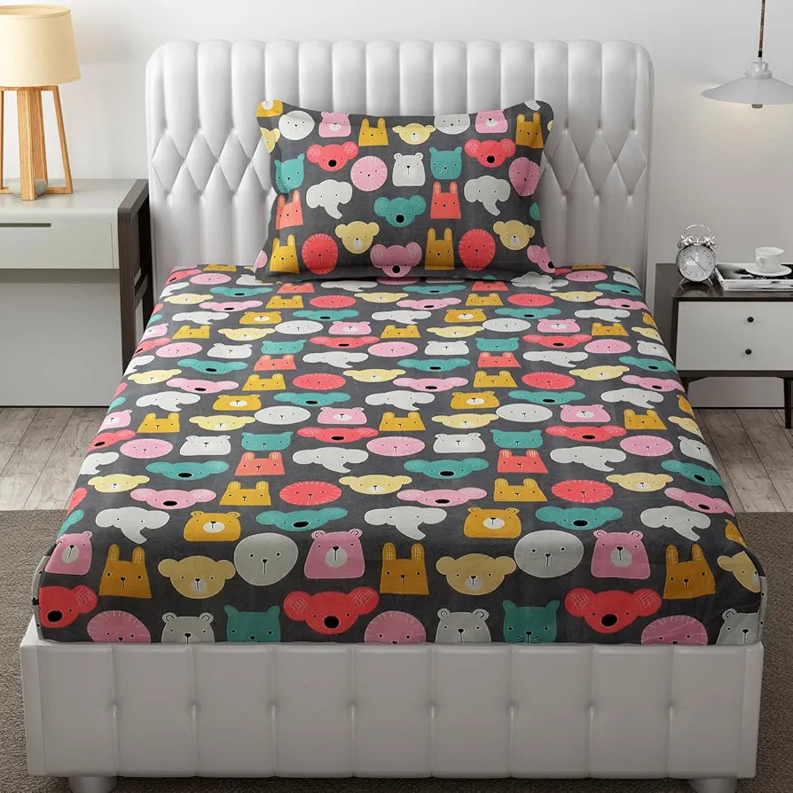 Fresh From Loom Glace Cotton Wrinkle Free Soft Hypoallergenic Bed Sheet Cartoon Printed Single Bedsheet With One Pillow Cover For Kids 144 tc Black