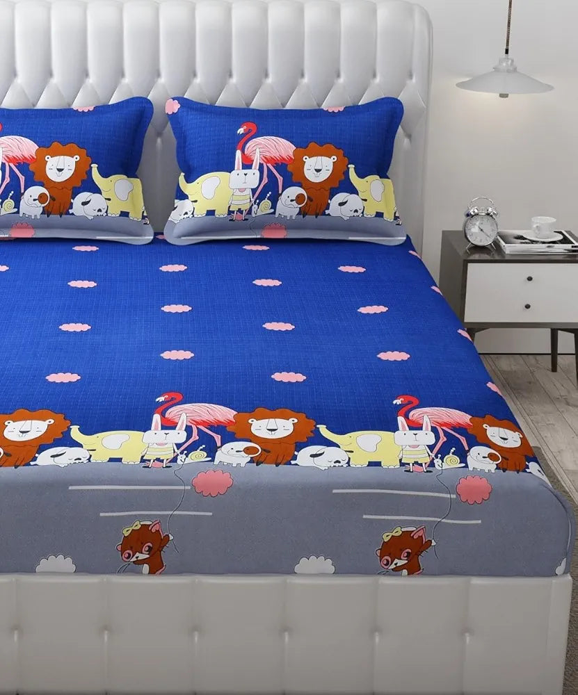 Fresh From Loom Bed Sheet Cartoon Printed Double Bedsheets King Size for Kids with 2 Pillow Cover 144 TC Animal-Blue