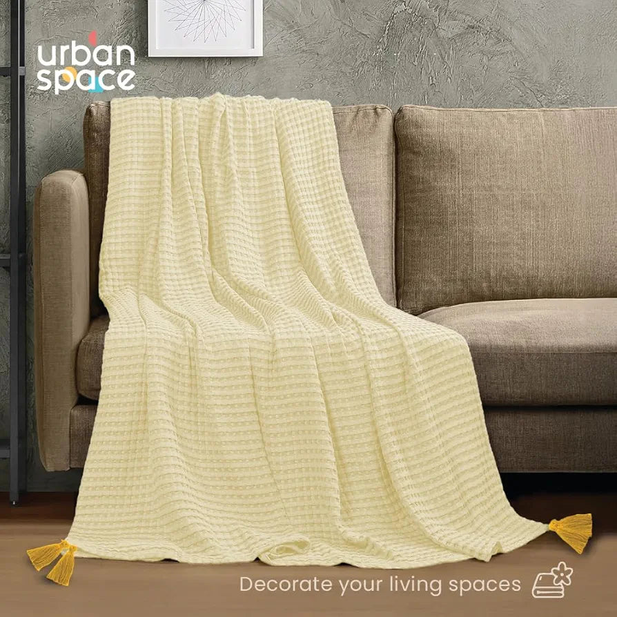 Urban Space Cotton Waffle Throw Blanket, Soft Decorative Throw for Living Room, Sofa, Chair and Couch, Handmade,Reversible and Breathable Throw 200 TC Waffle Beige