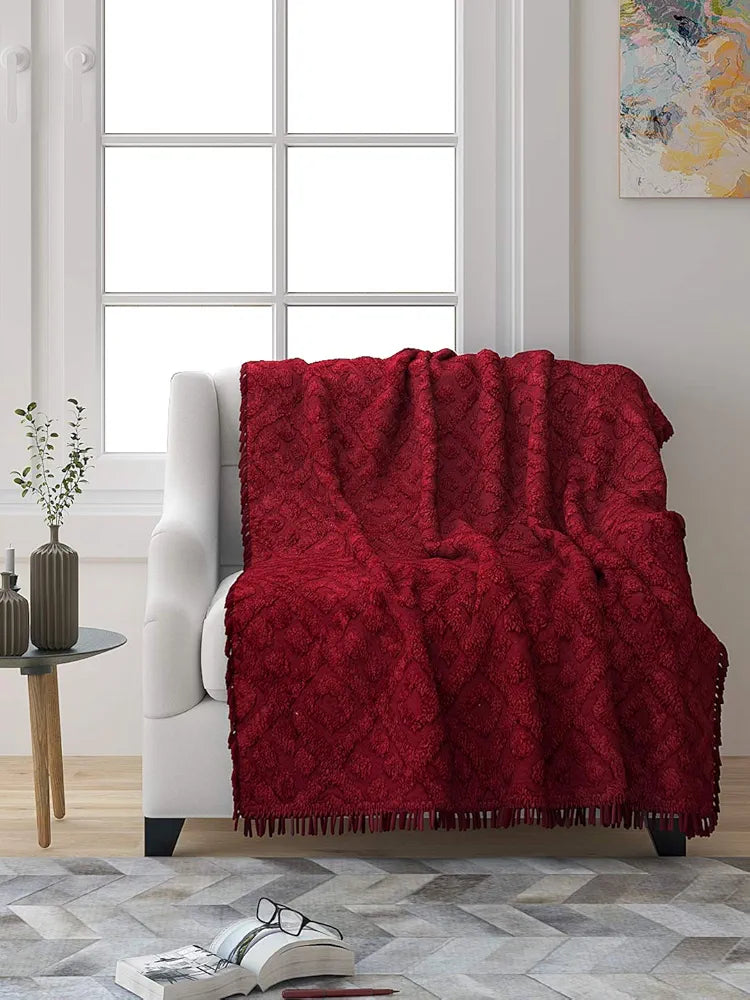 Saral Home Soft Cotton Unique Design Tufted Throw Colour Maroon