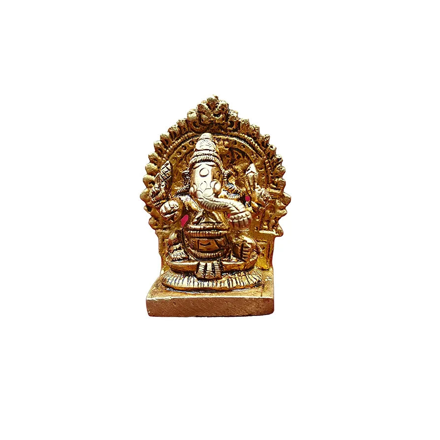 anciently Mini Ganesha Brass Idol with Arch | Ganesh Chaturthi Gifts | Ganesha Idol for Car Dashboard Brass, 5CM Height, Gold Colour - 