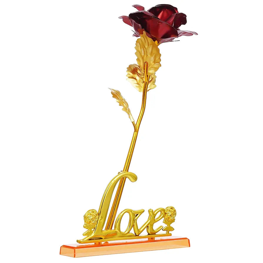 Golden Red Rose Flower with Love Showpiece