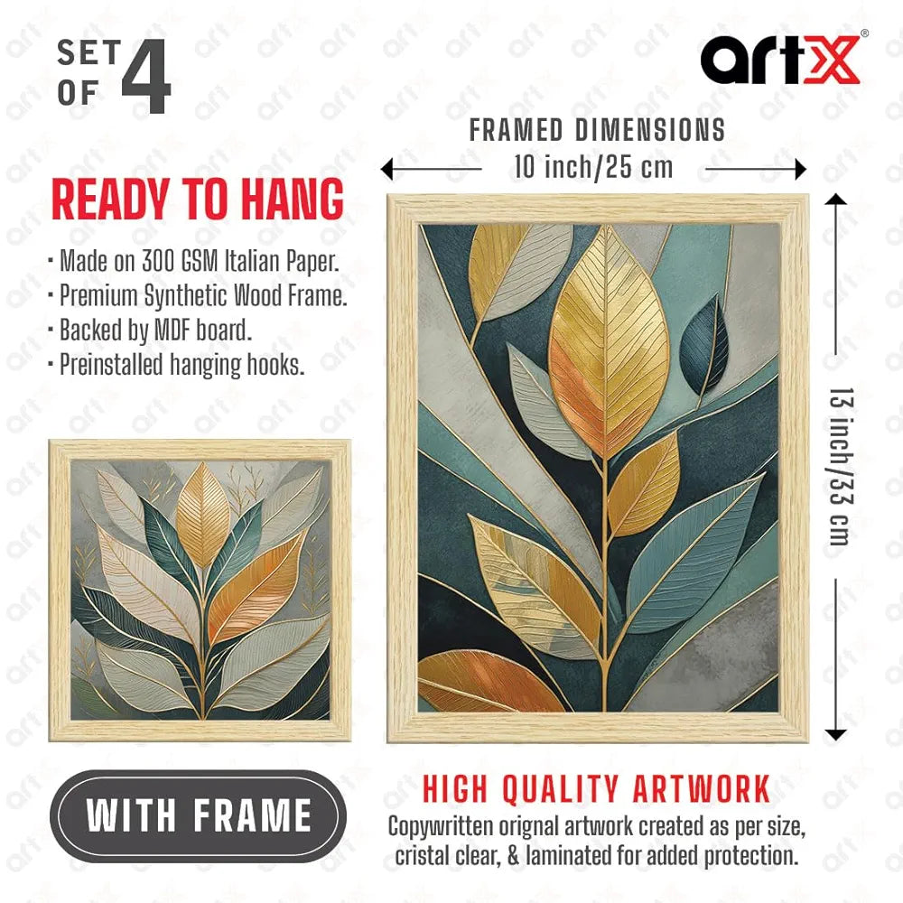 ArtX Paper Golden Leaves Botanical Art Paintings With Frame Set of 4