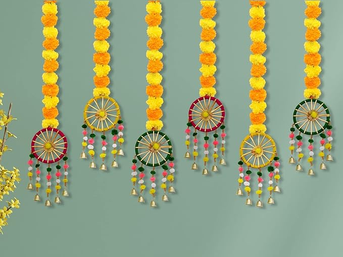 Wool Handmade Artificial Marigold Fluffy Flowers with Ring Bell Hanging Latkan Toran Pack of 6